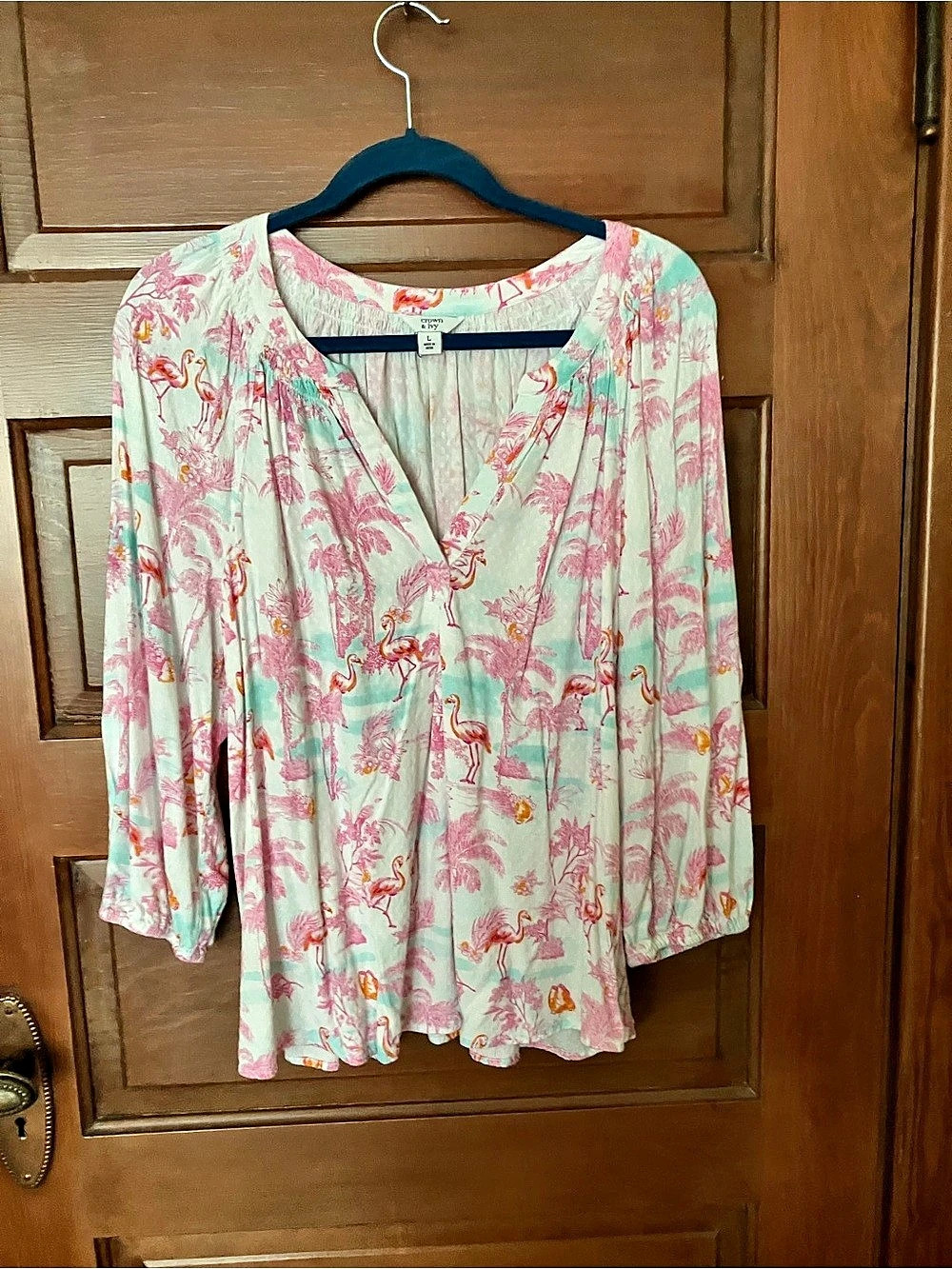 Crown & Ivy Floral Blouse in Pink & Green Large Like New Suze Large